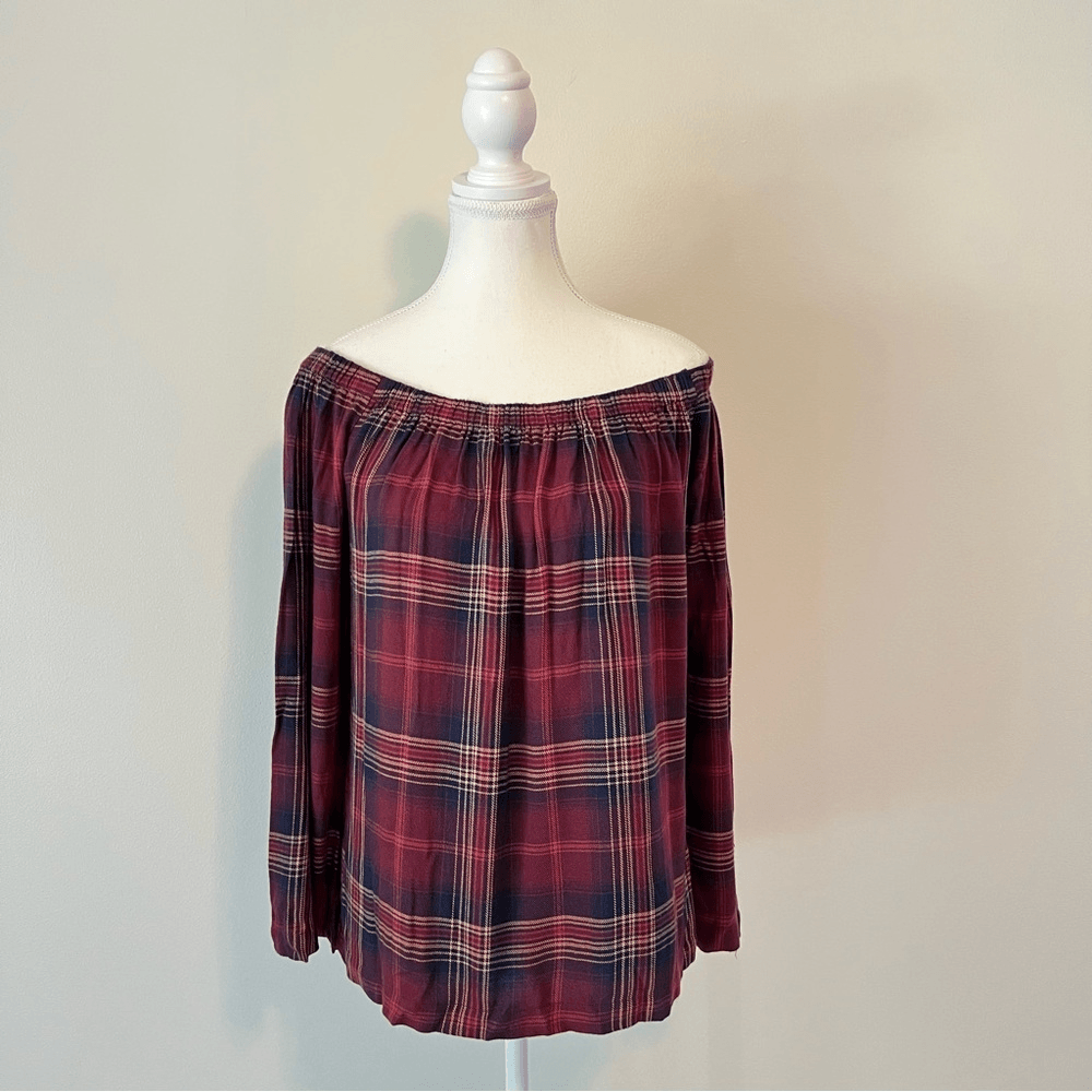 Anthropologie Cloth & Stone Homestead Plaid Off the Shoulder Top Small Burgundy