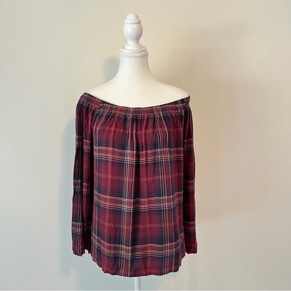 Anthropologie Cloth & Stone Homestead Plaid Off the Shoulder Top Small Burgundy