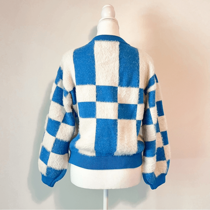 FRNCH Lio Cozy Fuzzy Sweater Blue White Abstract Colorblock Size Small
