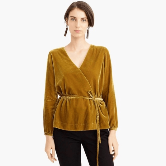 J. Crew Faux Wrap Velvet Long Sleeve Blouse Size 2 in Mustard Yellow