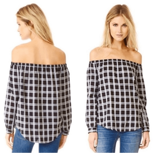 Rag & Bone Plaid Off Shoulder Top Blouse Size Small Black White
