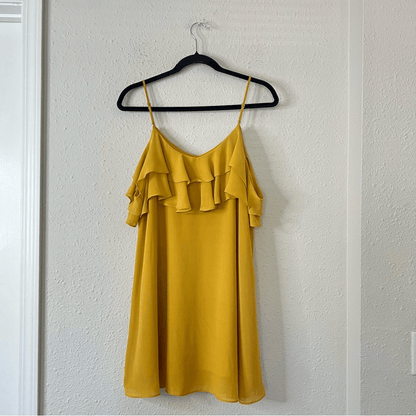 Lulus Ruffle Mini Chiffon Shift Dress Cold Shoulder Yellow Size Small