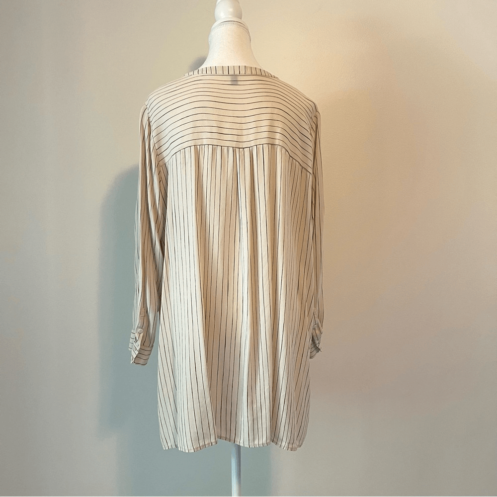 Eileen Fisher Pin Stripe Silk Georgette Crepe Print Long Tunic Shirt Blouse 1X