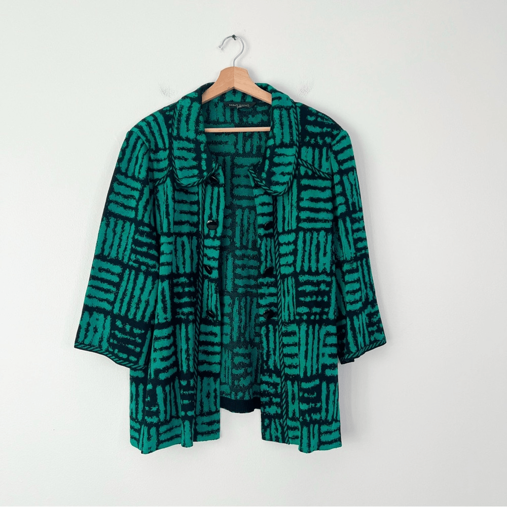 Ming Wang Knit Cardigan Jacket in Green and Black Plus Size 3X Open Front