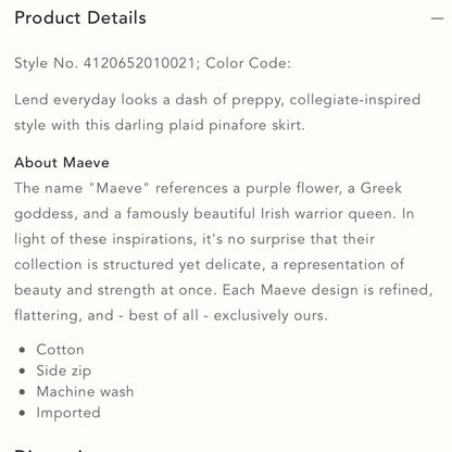 Anthropologie Maeve Plaid Pinafore Skirt NEW Size 6