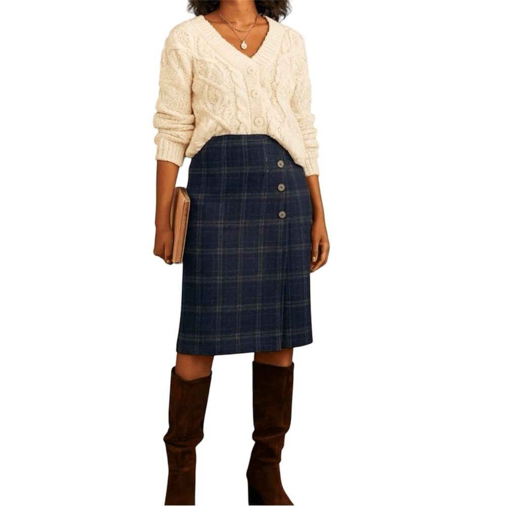 J.Jill Plaid Wrap Front Pull On Skirt NEW Size Medium Stretch Academia Career