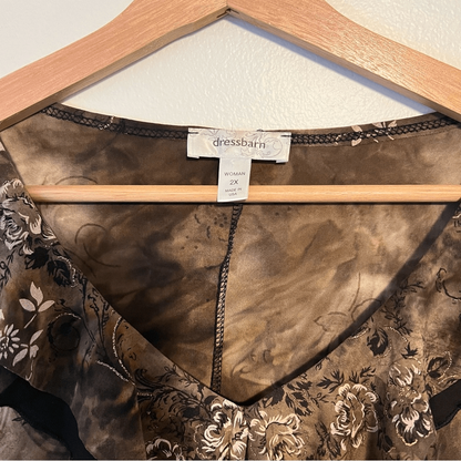 Dressbarn Brown Floral Ruffle V-Neck Blouse Top Plus Size 2X 3/4 Sleeve Y2K