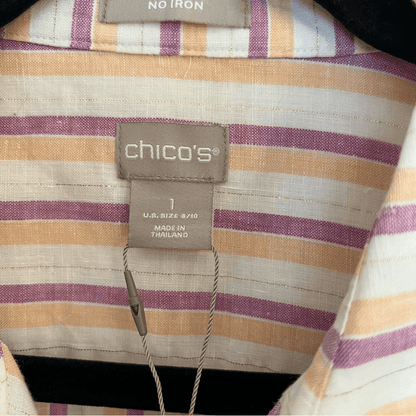 Chico’s Linen Metallic Striped Roll-Tab Button Front Shirt NEW Size 1