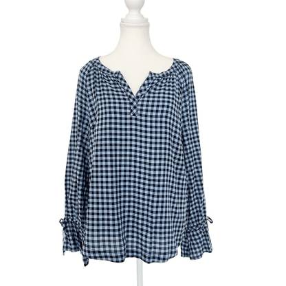 TALBOTS Blue Gingham Check Pullover Blouse Top Lon Sleeve Size Medium