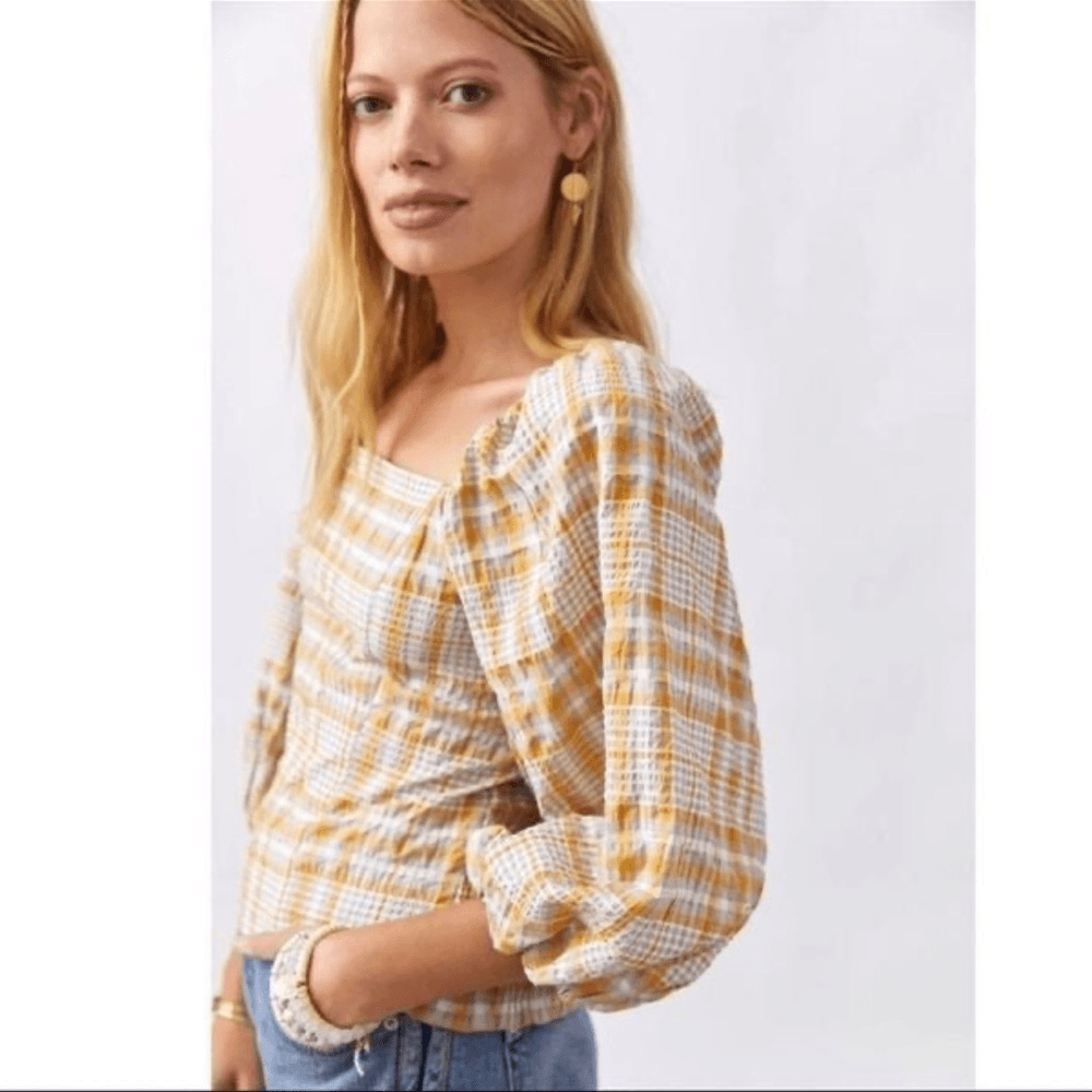 Anthropologie Maeve Neutral Plaid Square-Neck Blouse NEW Size Small