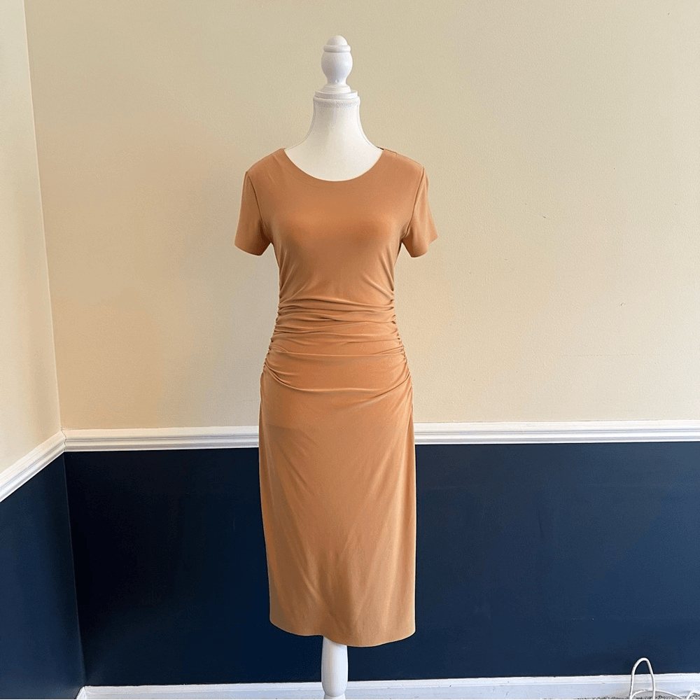 Norma Kamali Kamali Kulture Crew Neck Shirred Midi Bodycon Dress in Tan Size S