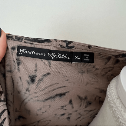 Gudrun Sjoden Floral Mini Tunic Dress Long Sleeve Size XL Brown & Black Pockets