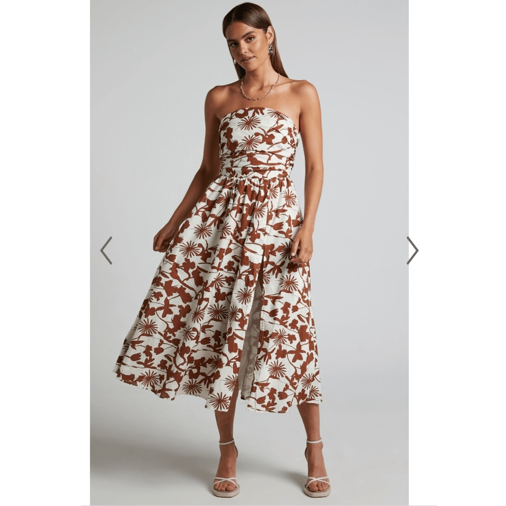 Showpo Evita Floral Midi Dress Ruched High Split Strapless NEW Size 14