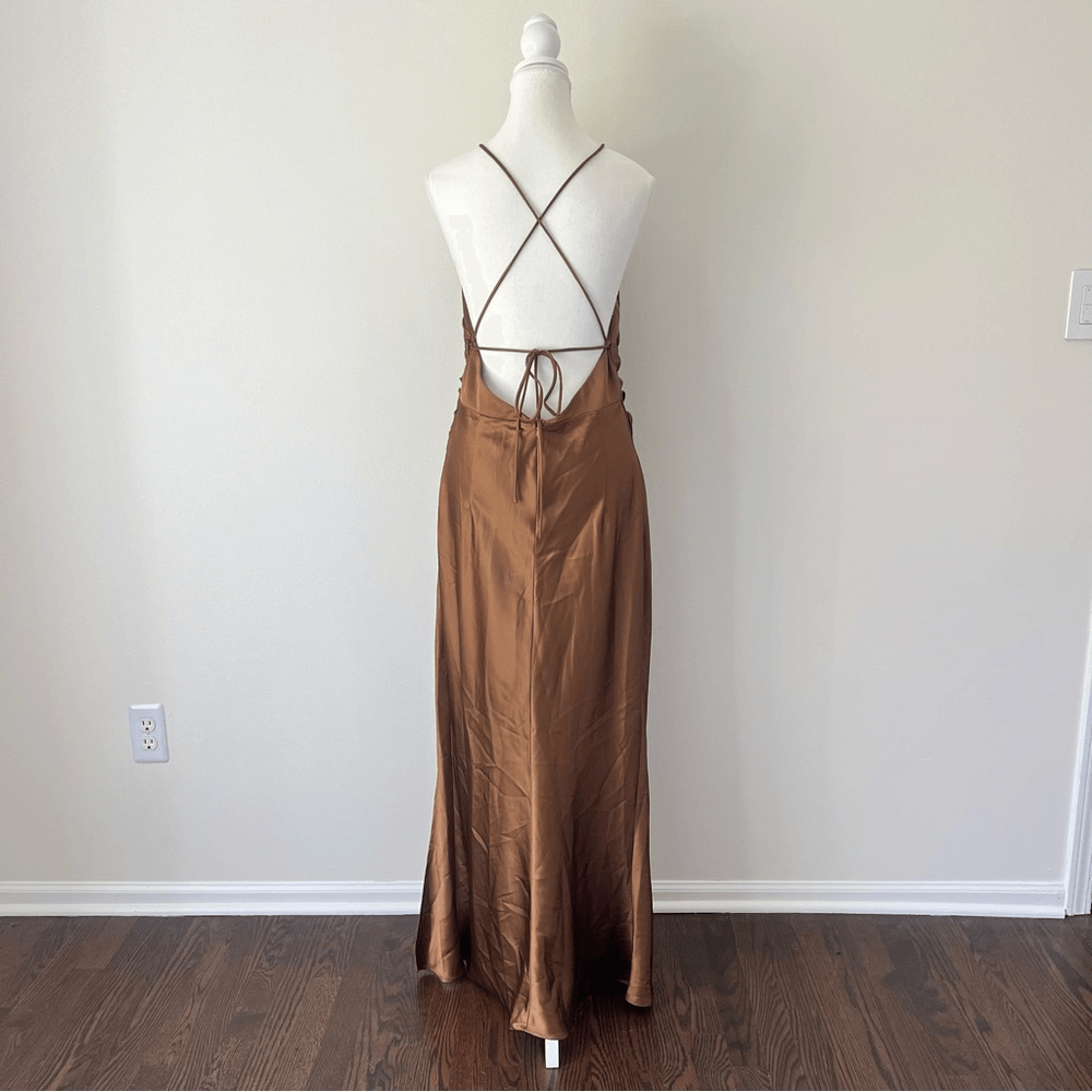 Showpo Malornan High Neck Ruched Satin Maxi Dress in Coffee Size 10