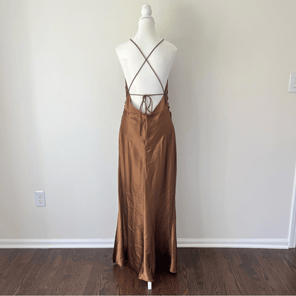 Showpo Malornan High Neck Ruched Satin Maxi Dress in Coffee Size 10