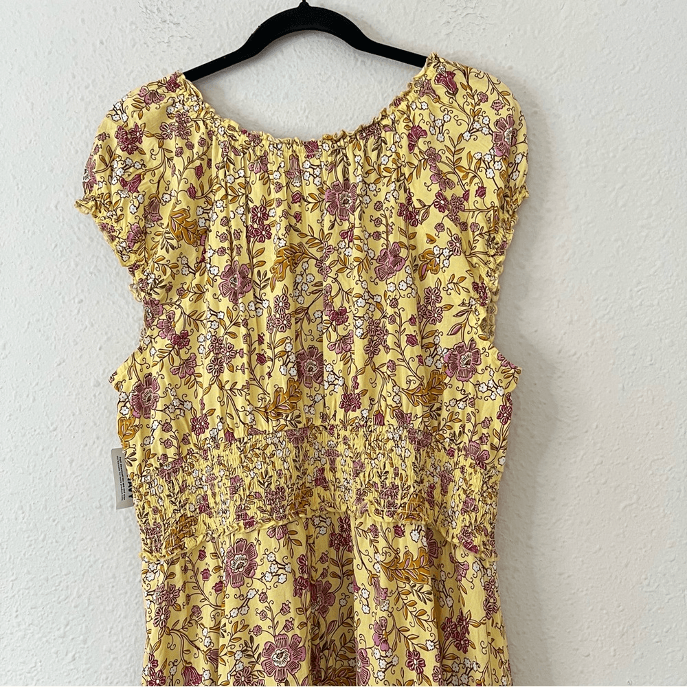 Old Navy Waist-Defined Short-Sleeve Printed Midi Dress in Yellow Floral NEW 2X