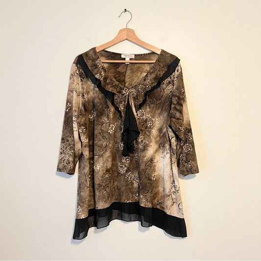 Dressbarn Brown Floral Ruffle V-Neck Blouse Top Plus Size 2X 3/4 Sleeve Y2K