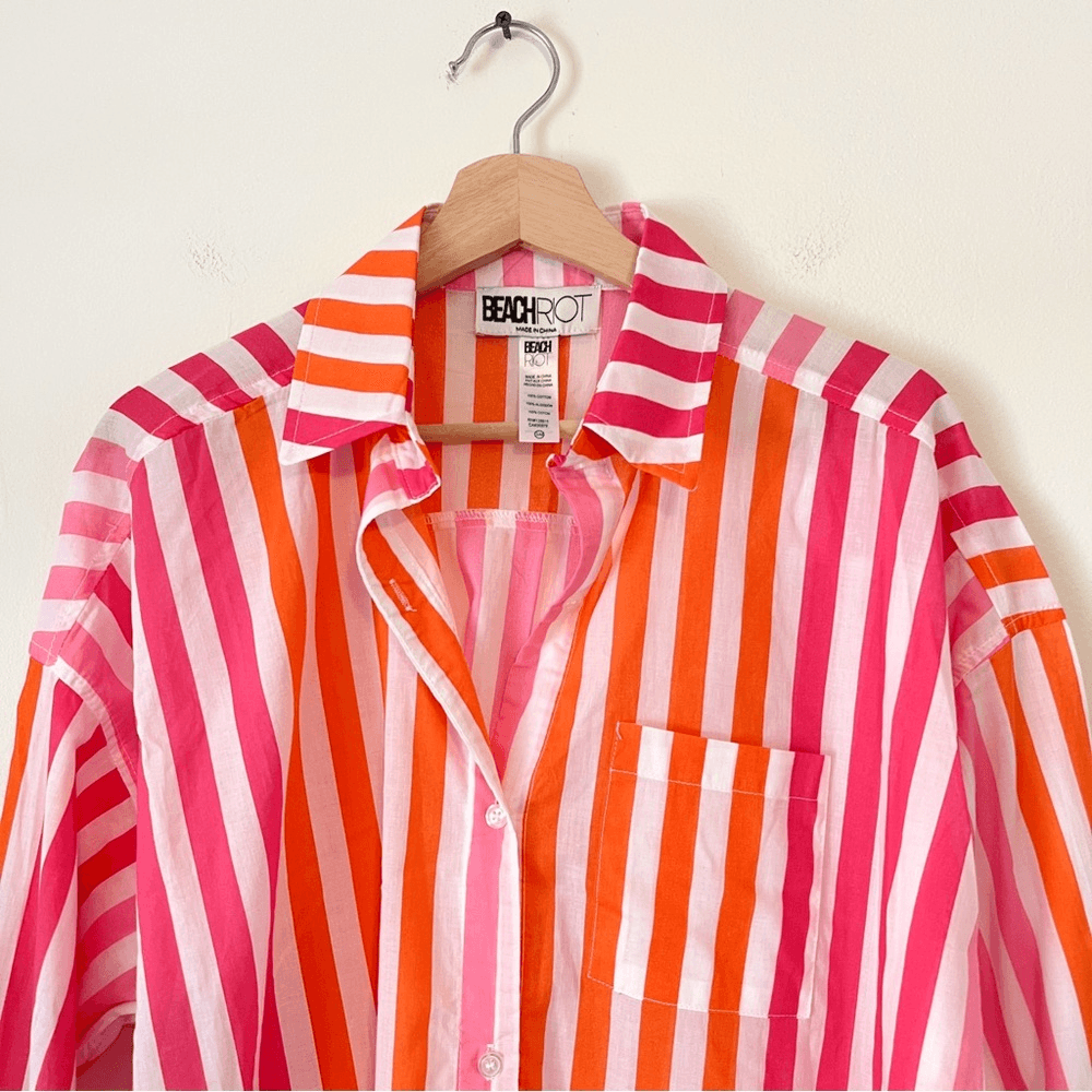 Beach Riot Alexa Striped Button Down Shirt Coverup Size S/M Pink Orange