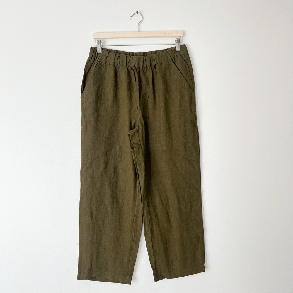 Quince 100% European Linen Cropped Pants NEW Size Medium Olive Green Pull on