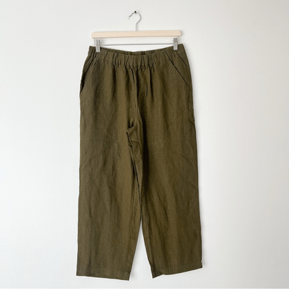 Quince 100% European Linen Cropped Pants NEW Size Medium Olive Green Pull on