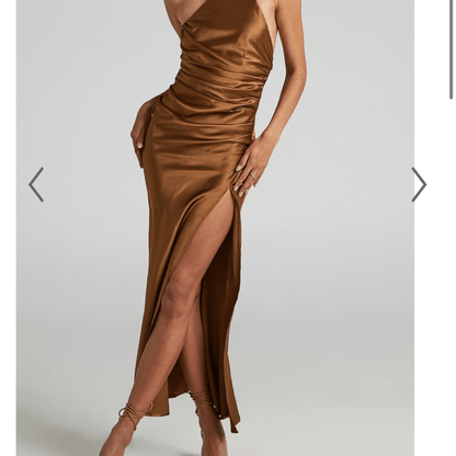 Showpo Malornan High Neck Ruched Satin Maxi Dress in Coffee Size 10