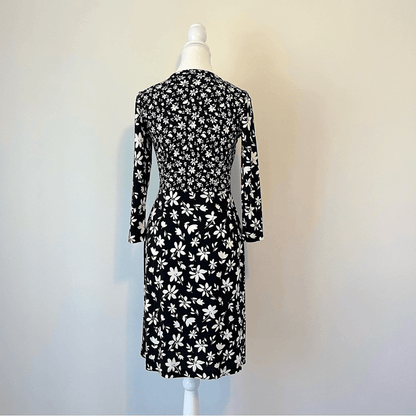 Talbots Bicolor Ditsy Wrap Jersey Black and White Floral Dress NEW Size XS