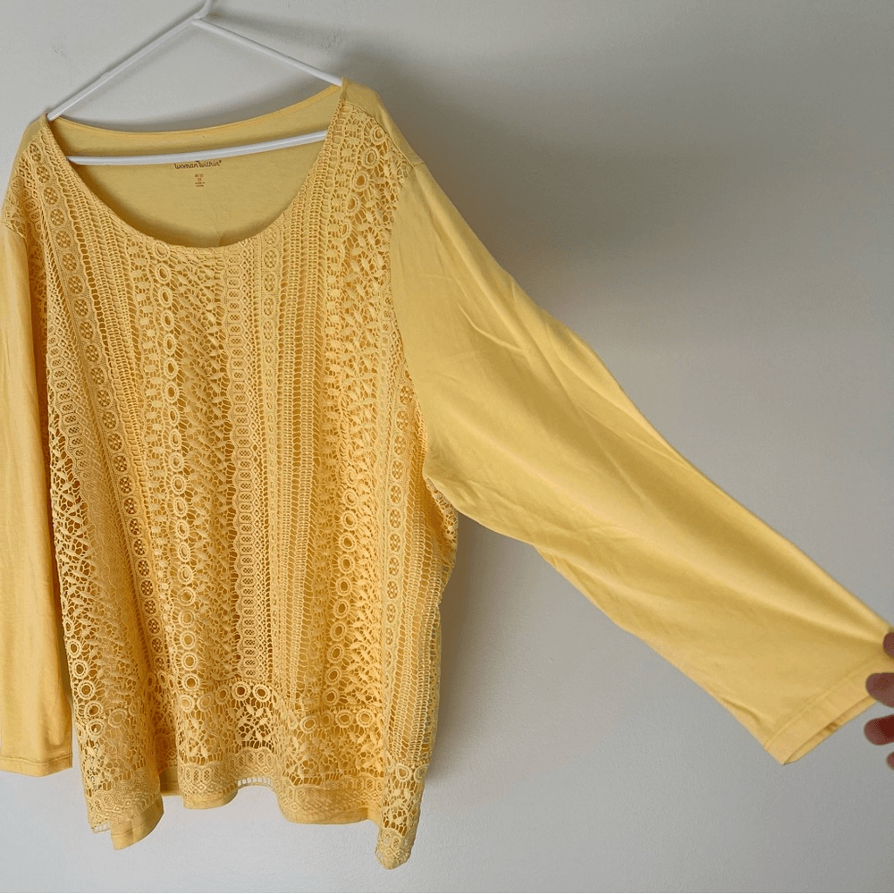 Woman Within Crochet Lace Long Sleeve Top in Yellow Size 3X Cotton