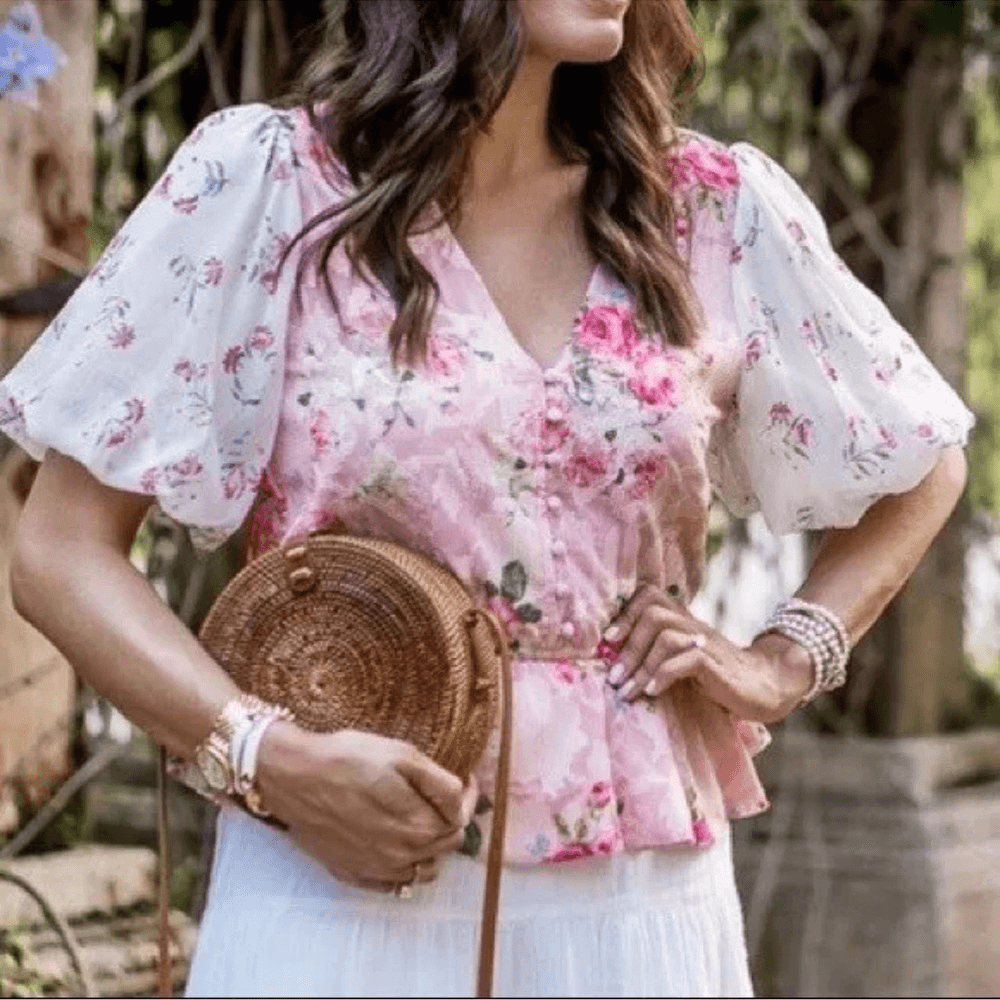 Hemant & Nandita Rose Garden Floral Boho Blouse Size Medium Peasant