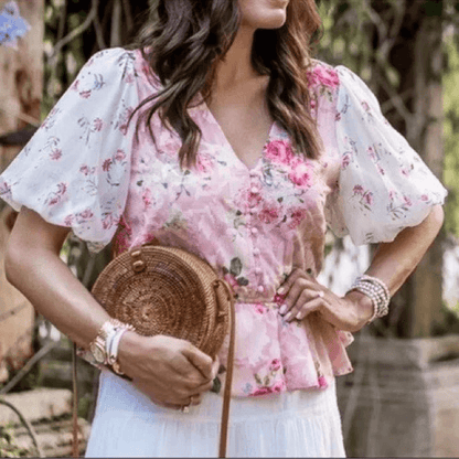 Hemant & Nandita Rose Garden Floral Boho Blouse Size Medium Peasant