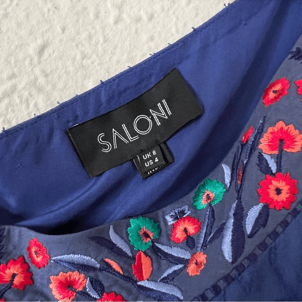 SALONI One Shoulder Ruffle Embroidered Silk Mini Dress Size 4