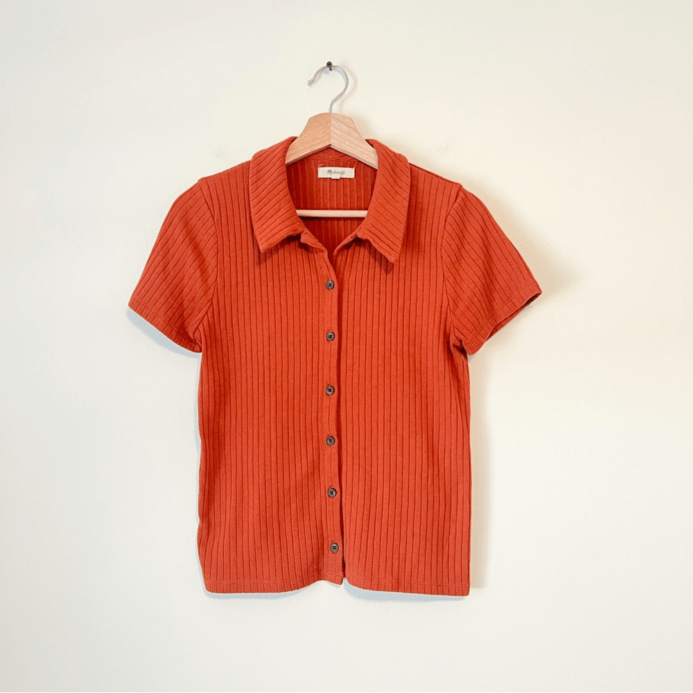 Madewell Ribbed Polo Button-Front Tee in Rust Size Small Short Sleeve