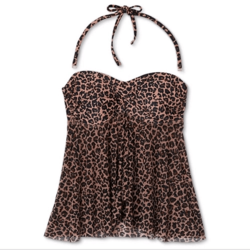 Kona Sol Leopard Print Tankini Swim Top Twist Front Bandeau Flyaway NEW Small