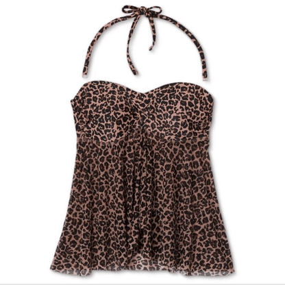 Kona Sol Leopard Print Tankini Swim Top Twist Front Bandeau Flyaway NEW Small