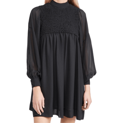 GANNI Smocked Bib Long Sleeve Chiffon Mini Dress NEW EU 42 (US 10/12)