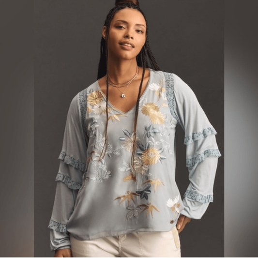 Anthropologie Tiny Frances Floral Long Sleeve Ruffle Blouse Blue Motif Size Larg