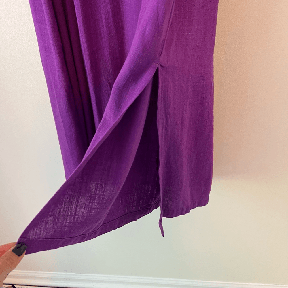 J.Jill Purple Button Front Linen Blend Midi Dress Puff Sleeve Size Large