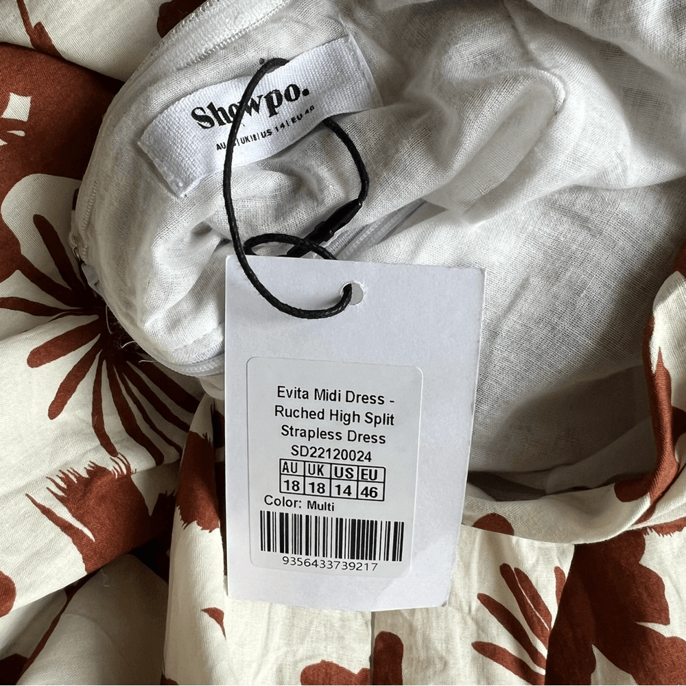 Showpo Evita Floral Midi Dress Ruched High Split Strapless NEW Size 14