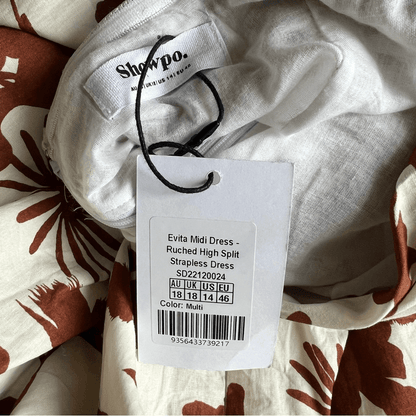 Showpo Evita Floral Midi Dress Ruched High Split Strapless NEW Size 14