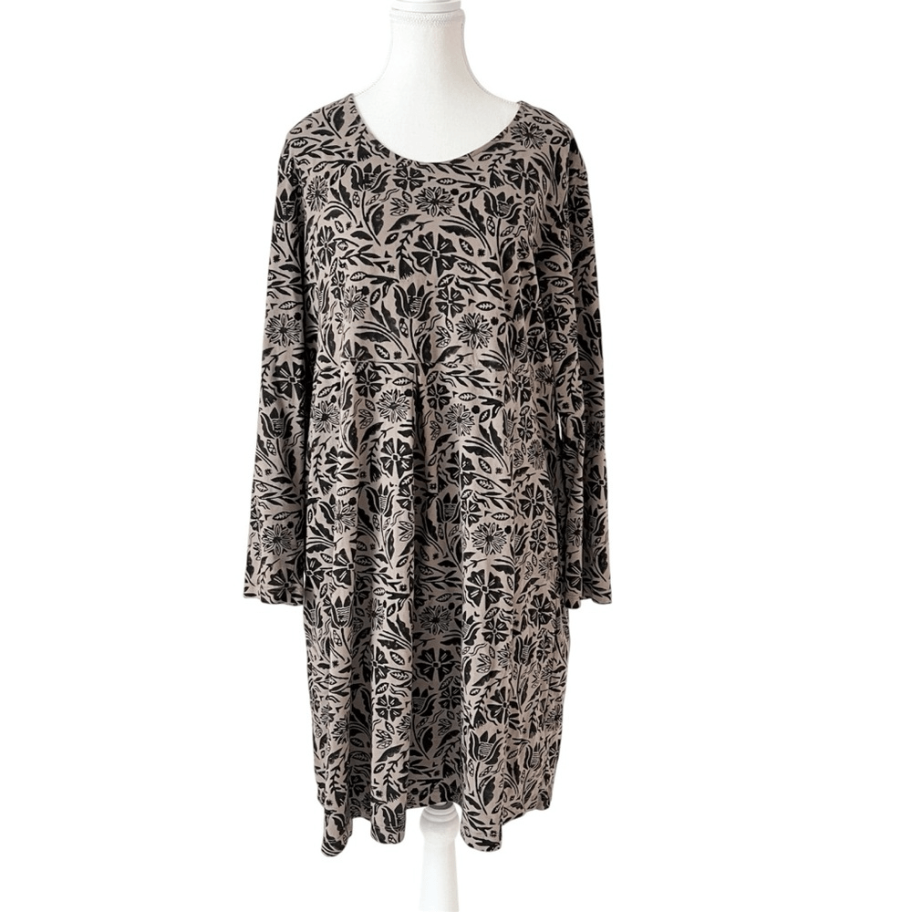 Gudrun Sjoden Floral Mini Tunic Dress Long Sleeve Size XL Brown & Black Pockets