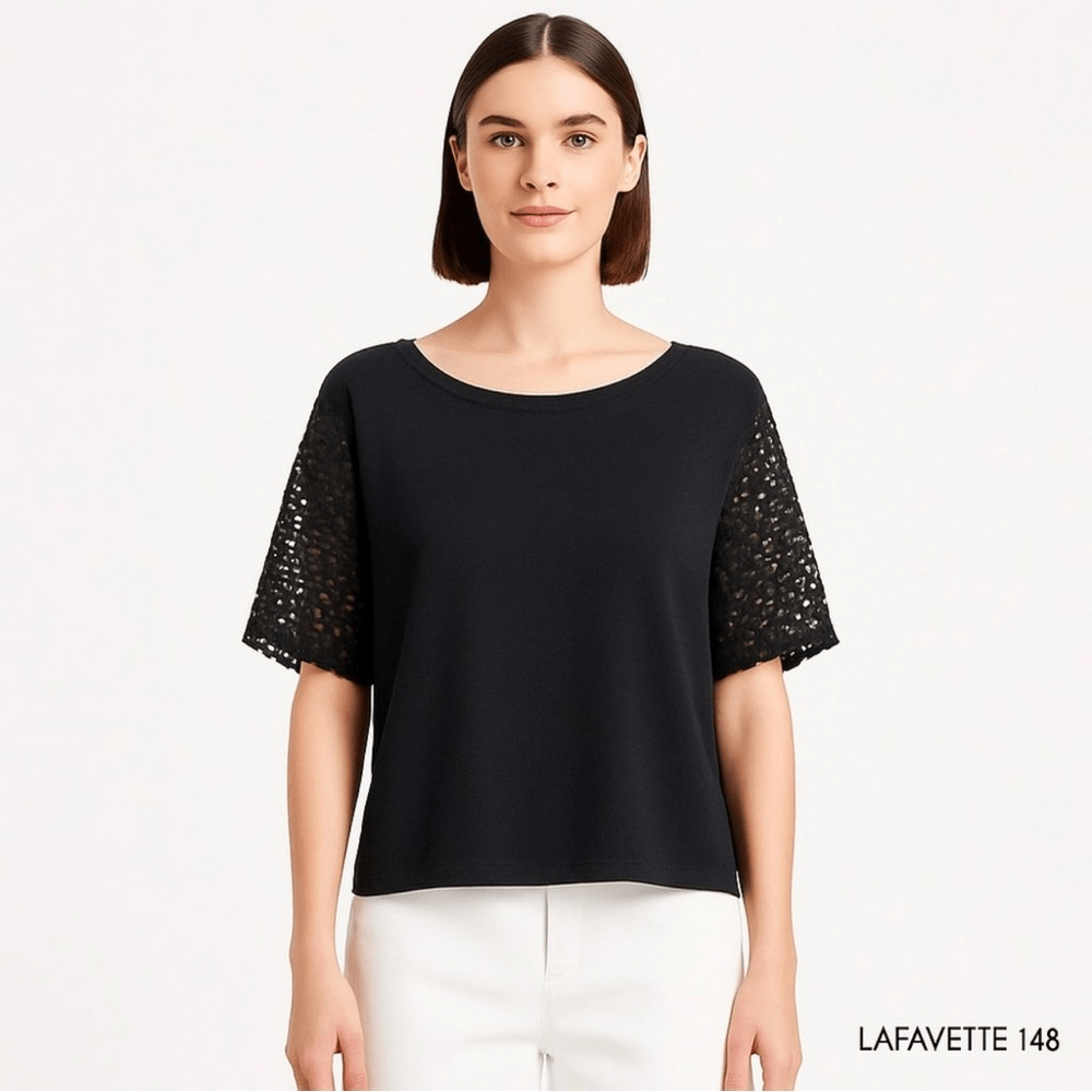 LAFAYETTE 148 Eyelet Sleeve Knit Top Black Lyocell Blend Boxy Fit