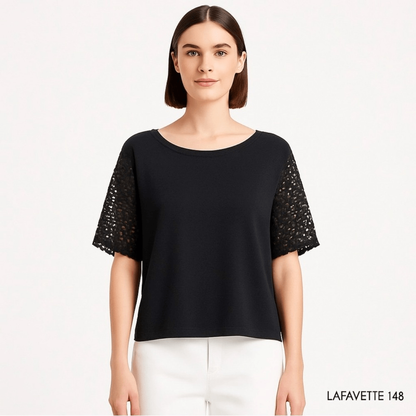 LAFAYETTE 148 Eyelet Sleeve Knit Top Black Lyocell Blend Boxy Fit