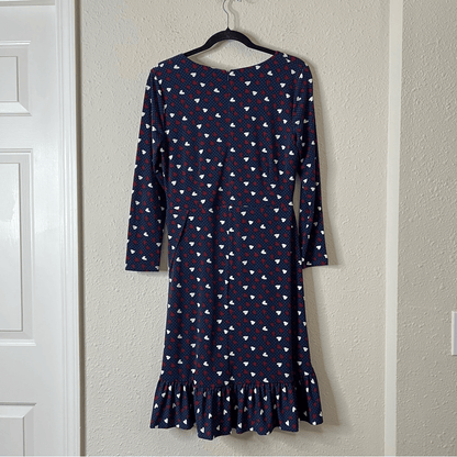 Talbots Heart Print A-Line Jersey Sheath Dress Long Sleeve Navy Blue Size 6