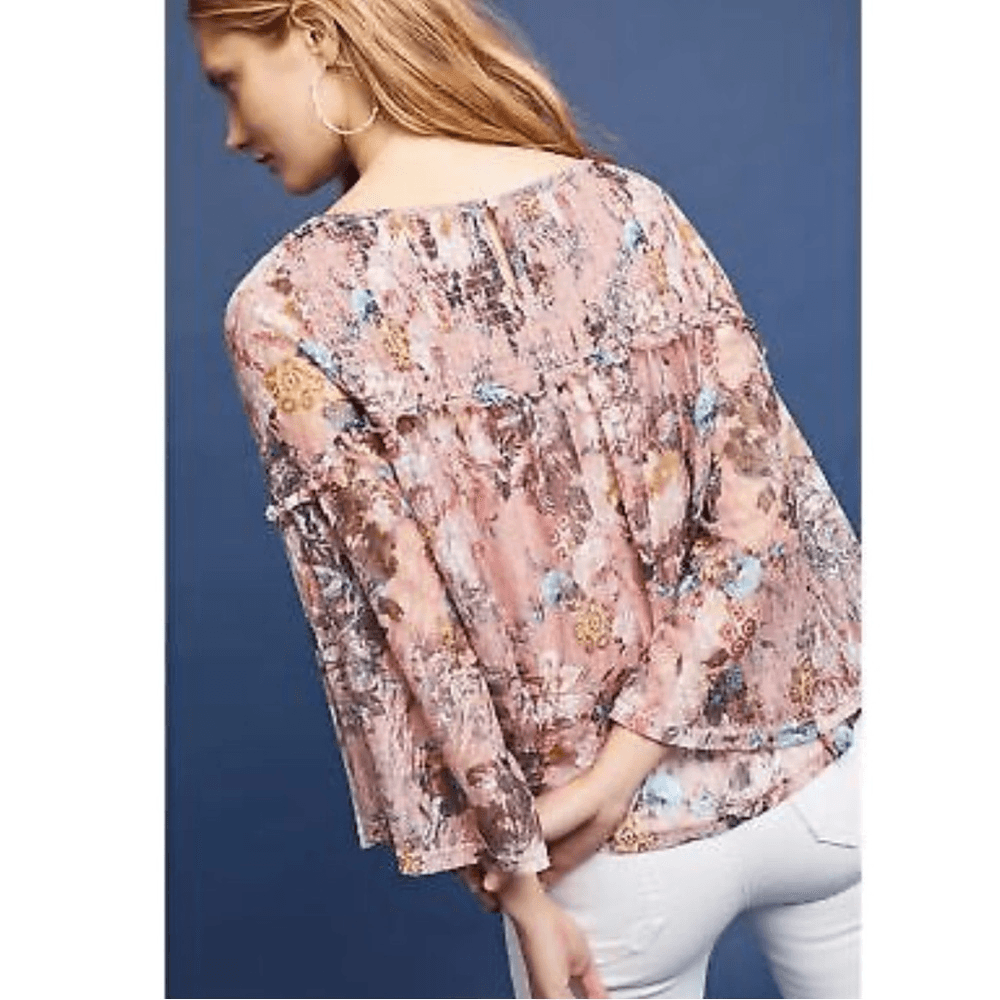 Anthropologie Akemi + Kin Patrizia Floral Lace Blouse Pink Medium Bell Sleeves