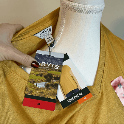 Orvis Women's Short Sleeve V-Neck Tunic Knit Top Size Medium Yellow