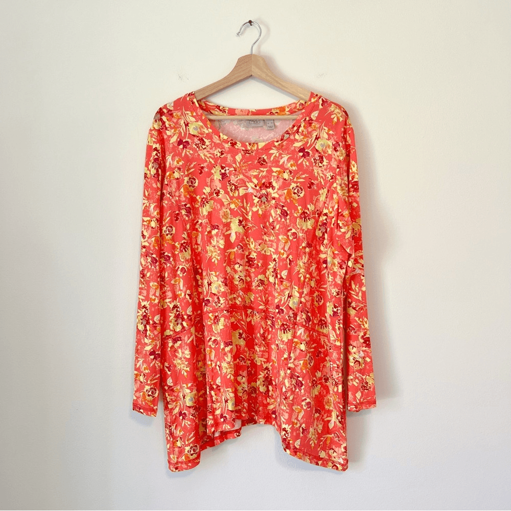 LOGO by Lori Goldstein Floral Long Sleeve Top Size XL Orange Stretchy