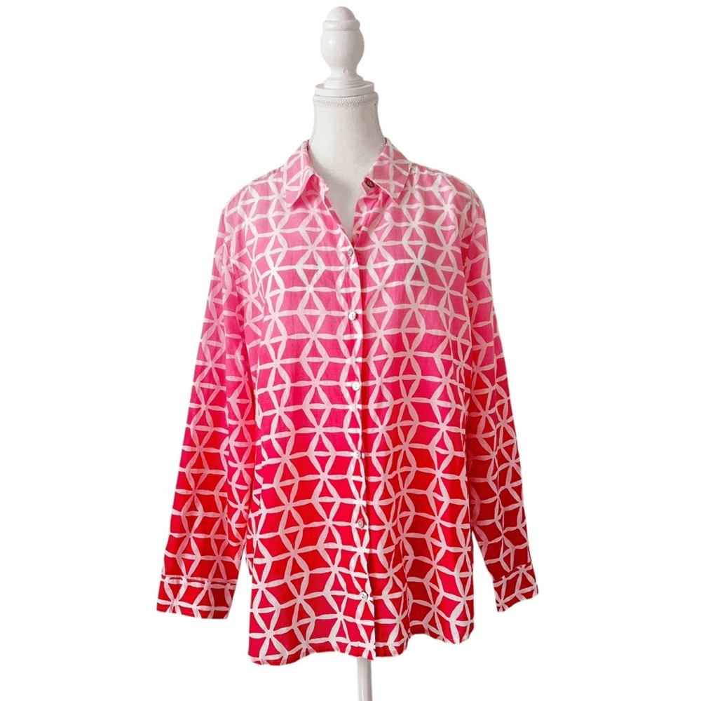 Chico’s Geometric Ombre Button Up Blouse Cotton Long Sleeve Top Size Large