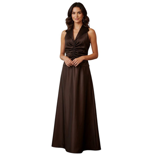 Tadashi Vintage Ruched Taffeta Gown  Chocolate Brown Maxi Size 12 Wedding Goth