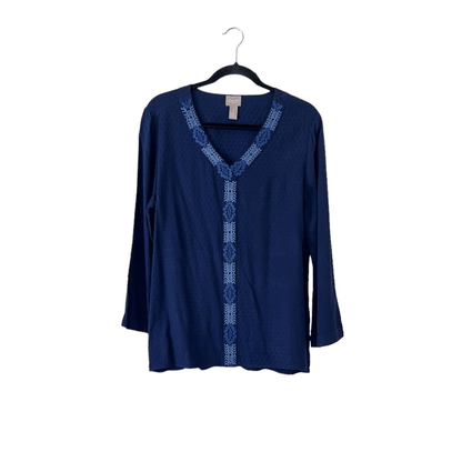 Chico's Trimmed Bell-Sleeve Popover Navy Blue Blouse Top Size 1, US Size Medium