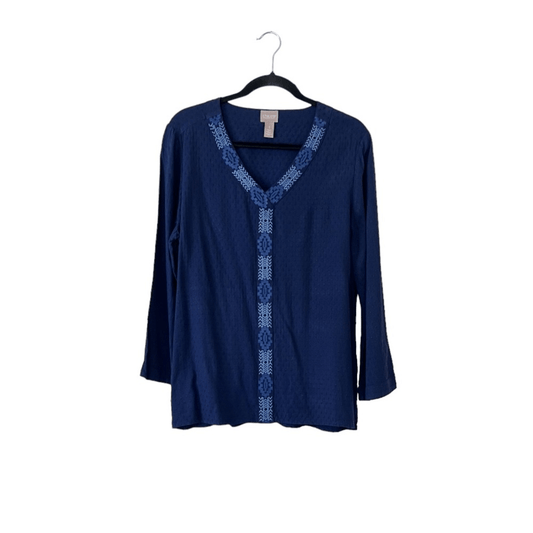 Chico's Trimmed Bell-Sleeve Popover Navy Blue Blouse Top Size 1, US Size Medium