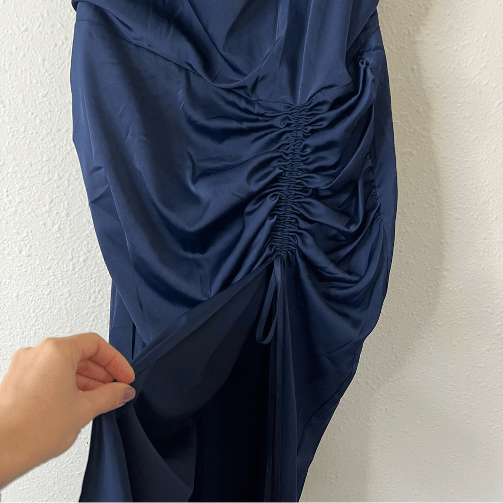 Showpo Lieselotte Midi Dress Ruched Front Split Cowl Neck Satin NEW Navy Blue 14